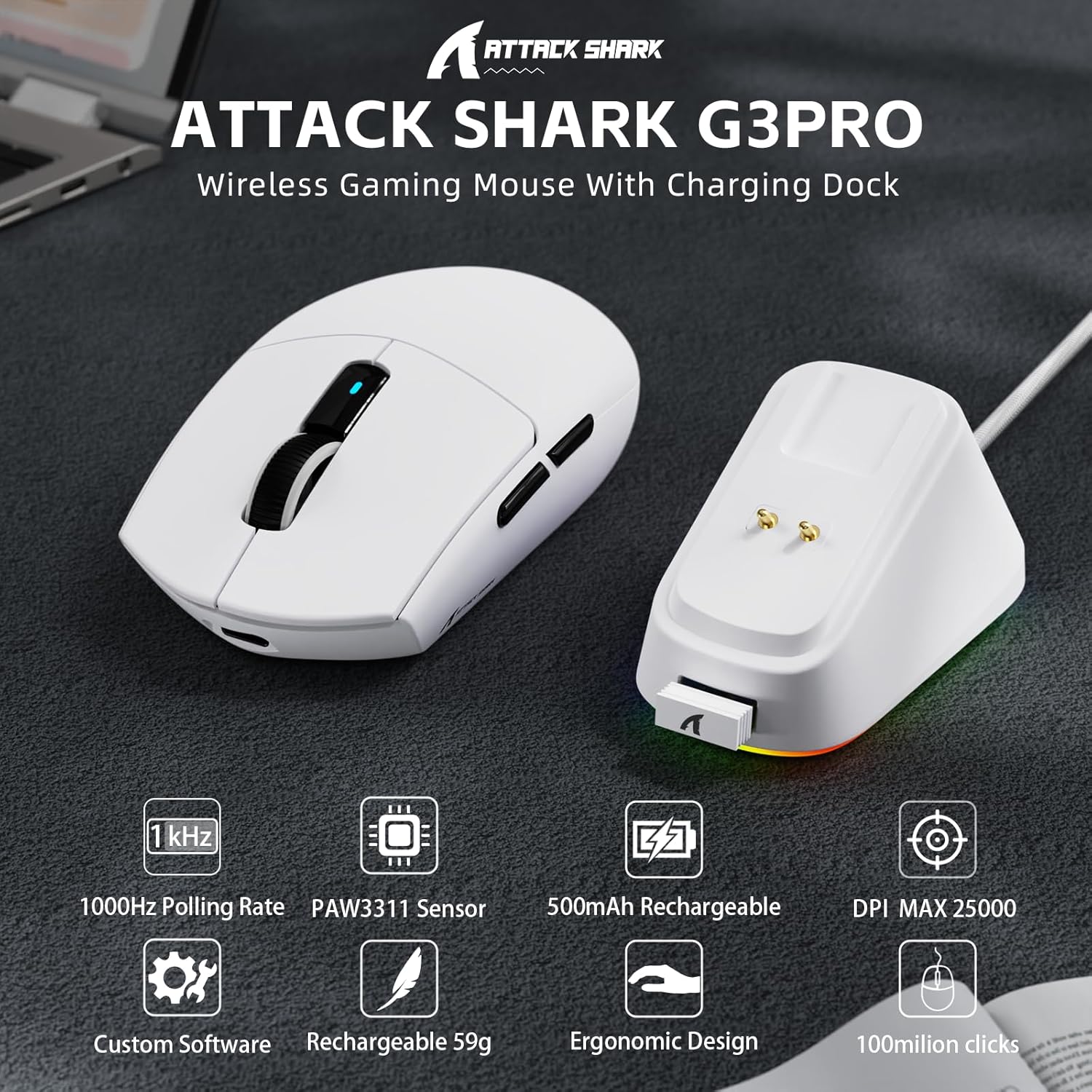 ATTACK SHARK G3PRO Wireless Whte thumbnail 2